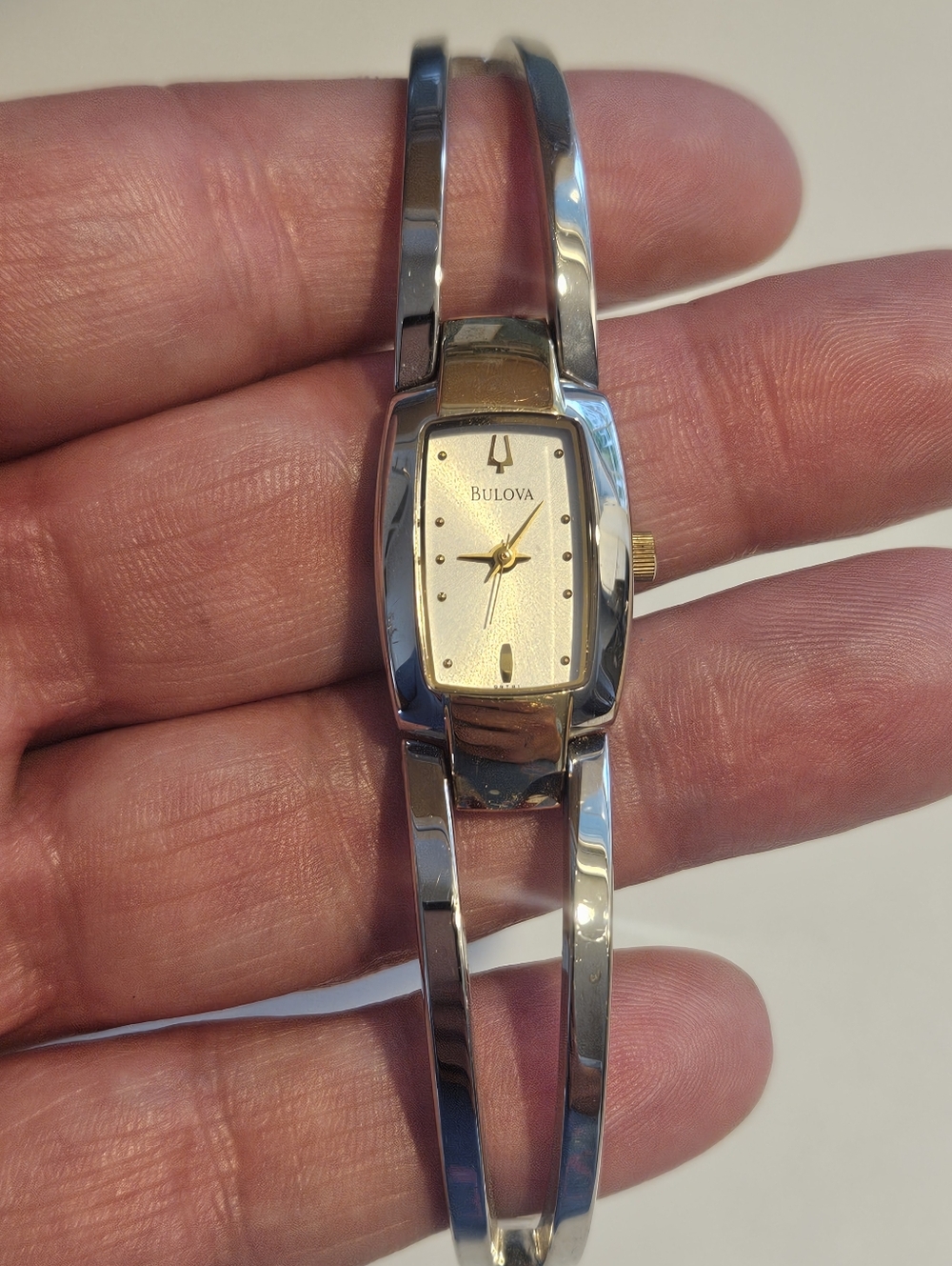 Bulova Two-Tone Silver and Gold Ladies Bangle Bracelet Watch 98T81